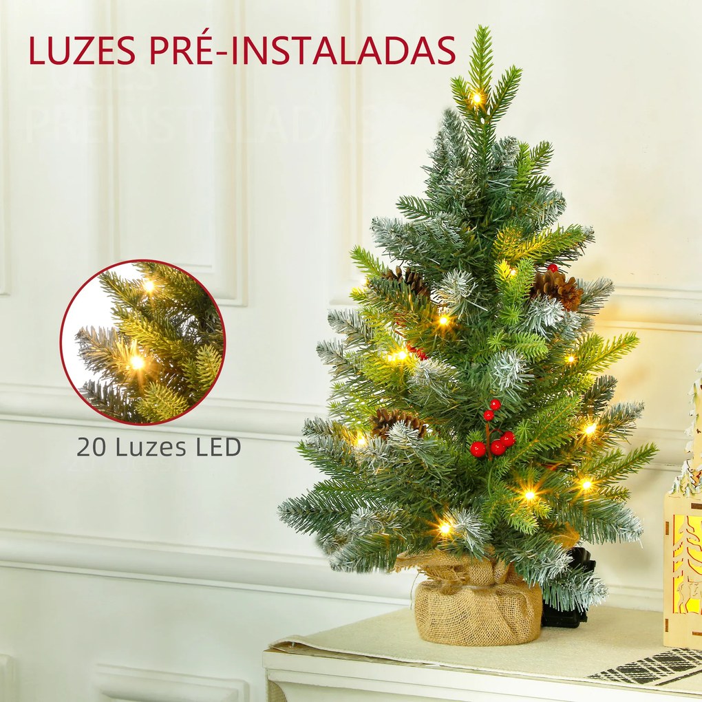 Árvore de Natal de Mesa 60 cm com 20 Luzes LED 141 Ramos 5 Pinhas 5 Bagas Vermelhas e Suporte de Metal para Interior Verde