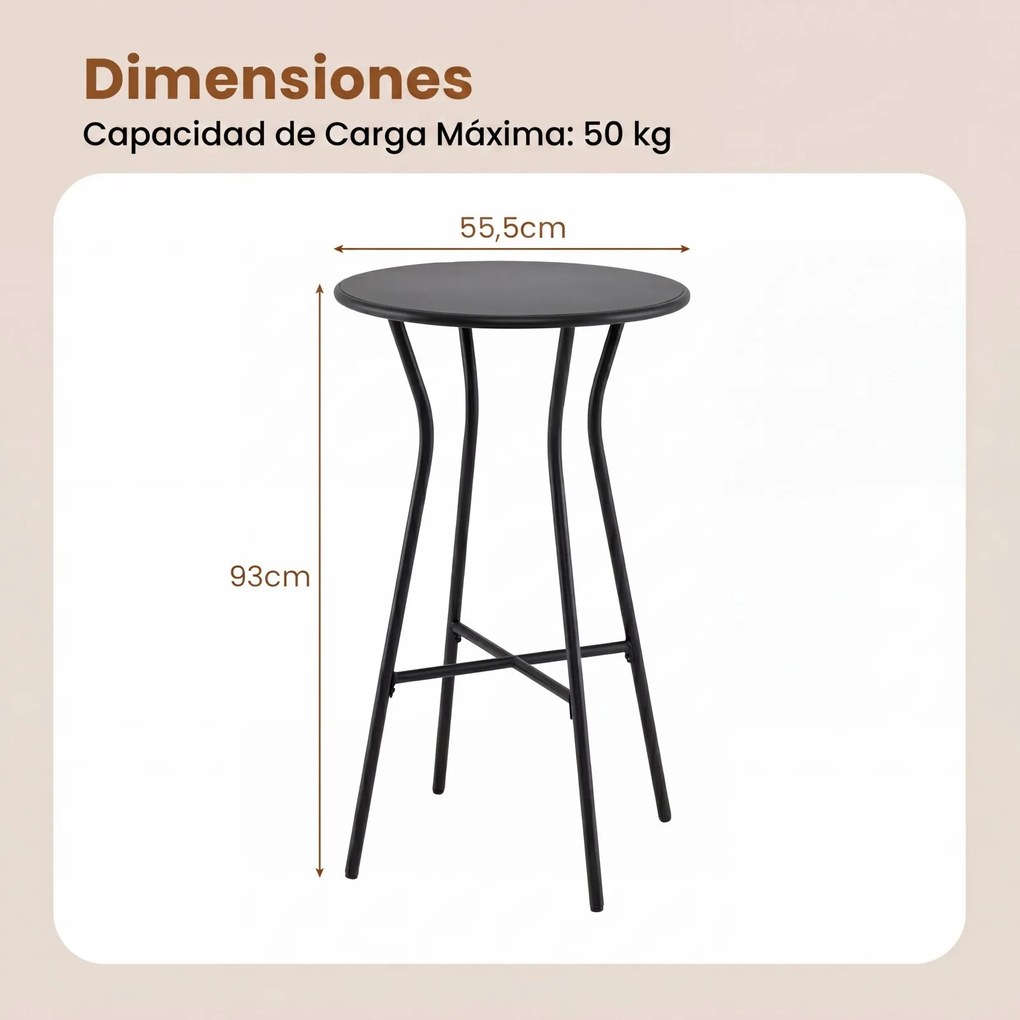 Mesa de bar alta redonda com apoio para os pés em forma de X, Estrutura metálica para interior e exterior, 55,5 x 55,5 x 93 cm, preta