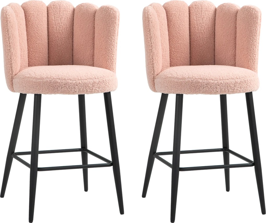 Conjunto de 2 bancos de bar com encosto e apoio para os pés, pés em aço, 52 x 53 x 93 cm, rosa