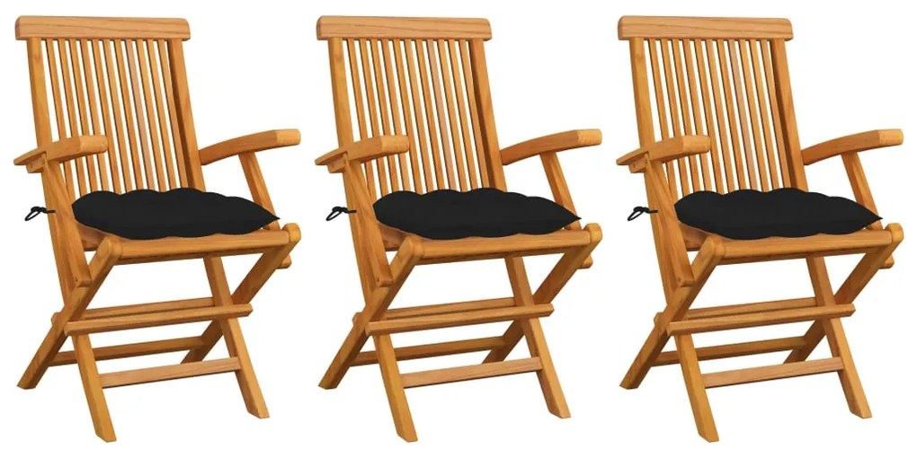 vidaXL Cadeiras de jardim c/ almofadões pretos 3 pcs teca maciça