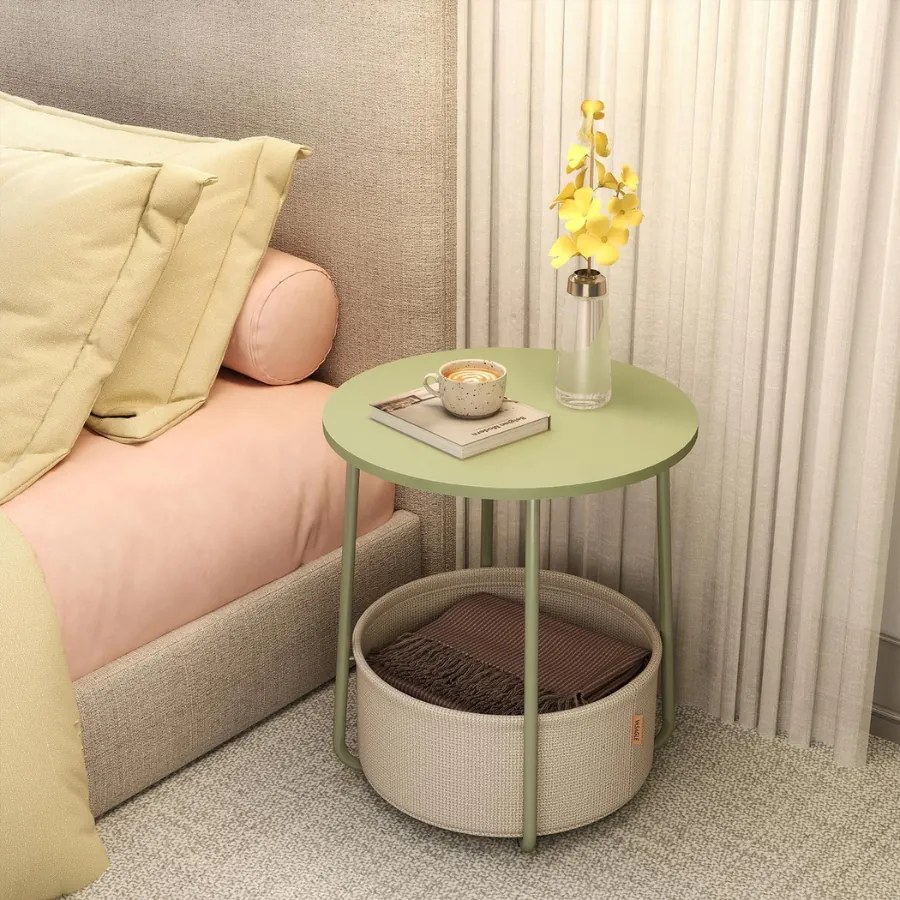 Mesa auxiliar redonda com cesto em tecido 45 x 50 cm verde + branco creme