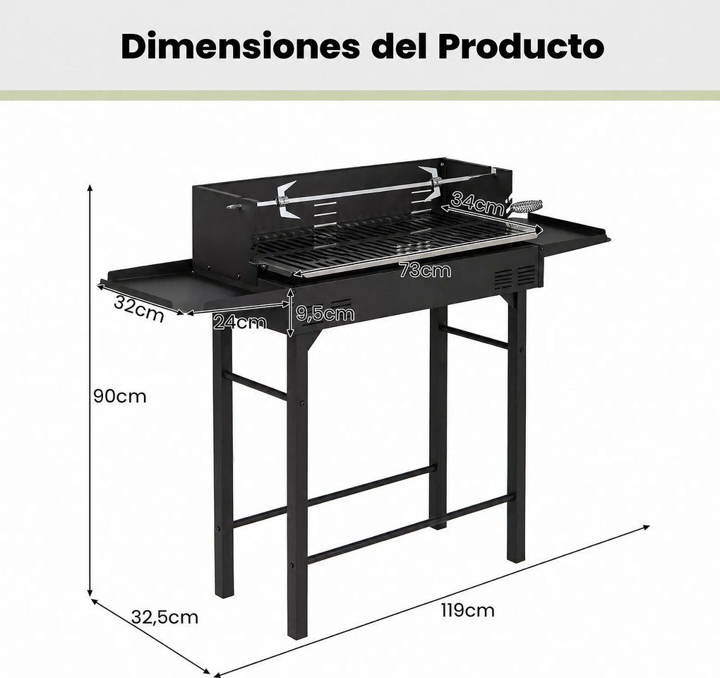 Grelhador a Carvão para Jardim, 120 x 32,5 x 90 cm, Grelha Regulável, Preto