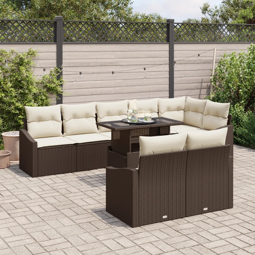 Conjunto de Sofá de Jardim de 9 Peças com Almofadas Castanho em Rattan