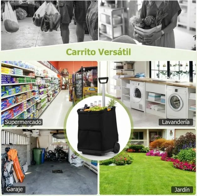 Carrinho de compras dobrável 50L utilitário portátil de alumínio com 3 bolsos e pega retrátil leve Preto