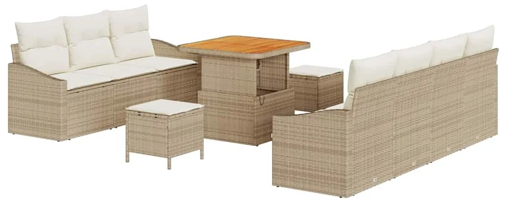 Conjunto de Sofá de Jardim de 10 Peças com Almofadas Bege Rattan Polié