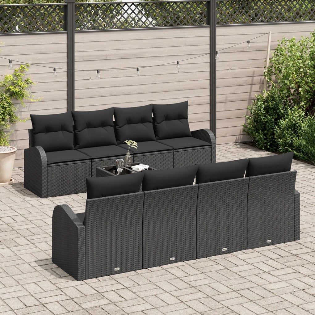 Conjunto de Sofá Jardim 9 Peças com Almofadas Pretas em Vime Poliéster