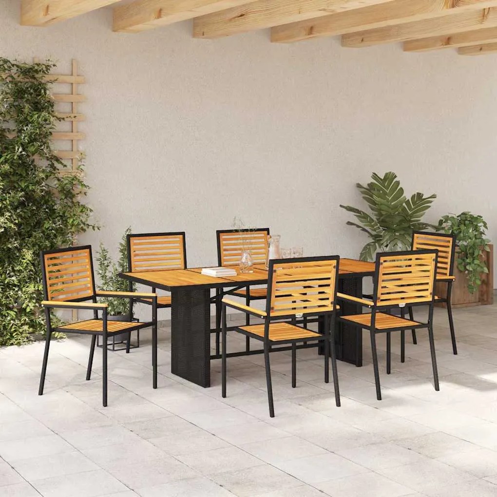 Conjunto de Jantar de 7 Peças vidaXL Preto Polyrattan Acácia