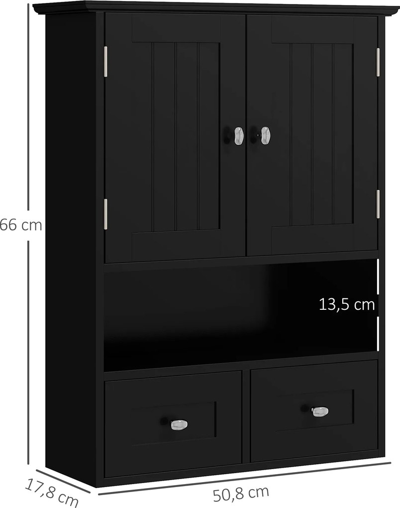 Armário de Parede para Casa de Banho com 2 Portas Prateleira Aberta e 2 Gavetas Estilo Moderno 50,8x17,8x66 cm Preto