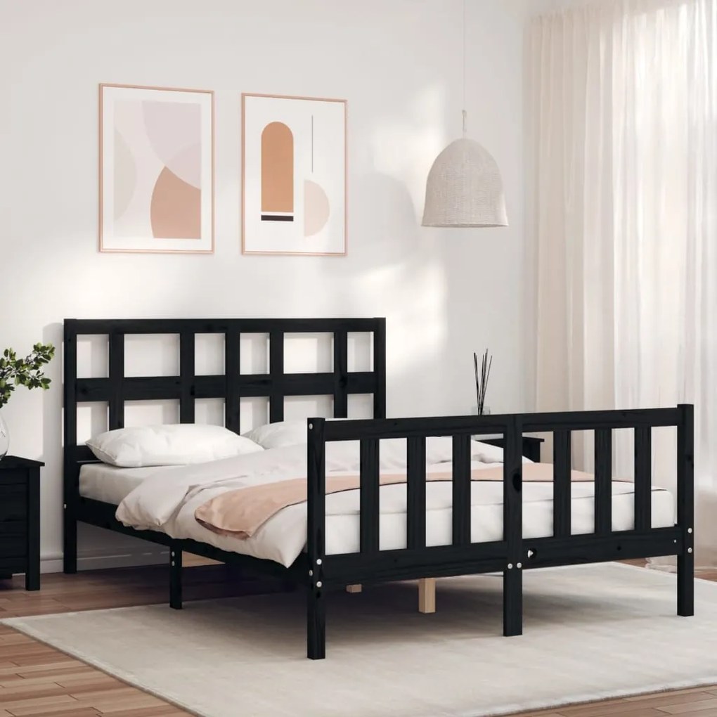 Estrutura de cama de casal com cabeceira madeira maciça preto