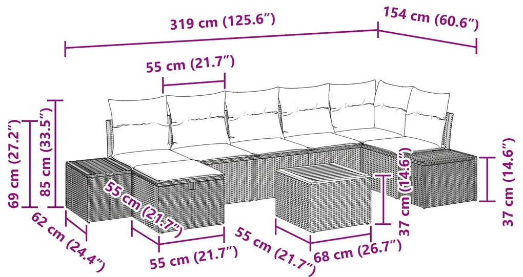 Conjunto de Sofá de Jardim de 8 Peças com Almofadas Bege Polirattan