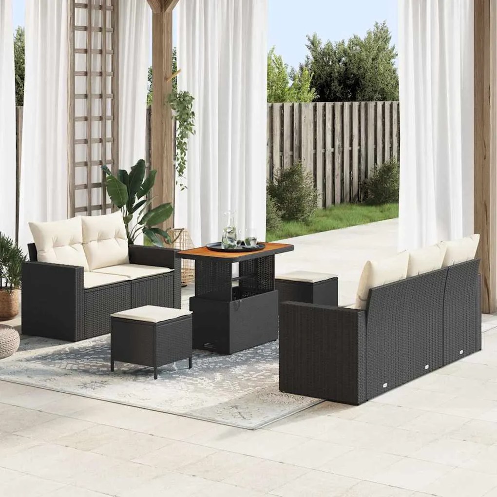 vidaXL Sofá de Jardim em 8 Peças com Almofadas, Rattan Sintético Preto, Acácia