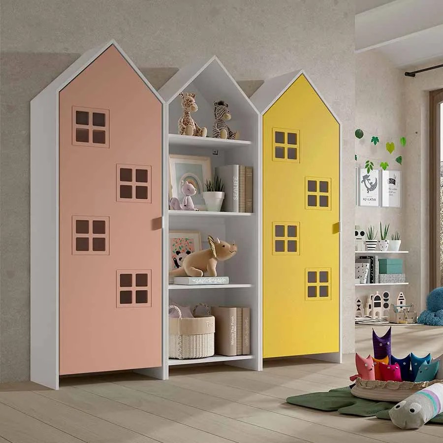 Conjunto 2 armarios Guarda Roupa infantil + estante infantil coleção CASAMI Amarelo e Rosa
