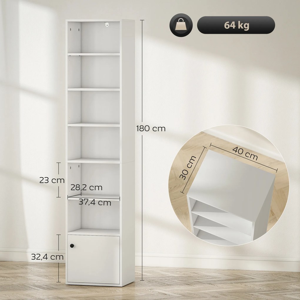 Estante de 7 Níveis Estante para Livros com Prateleiras Ajustáveis e Armário Estante Moderna 40x30x180 cm Branco