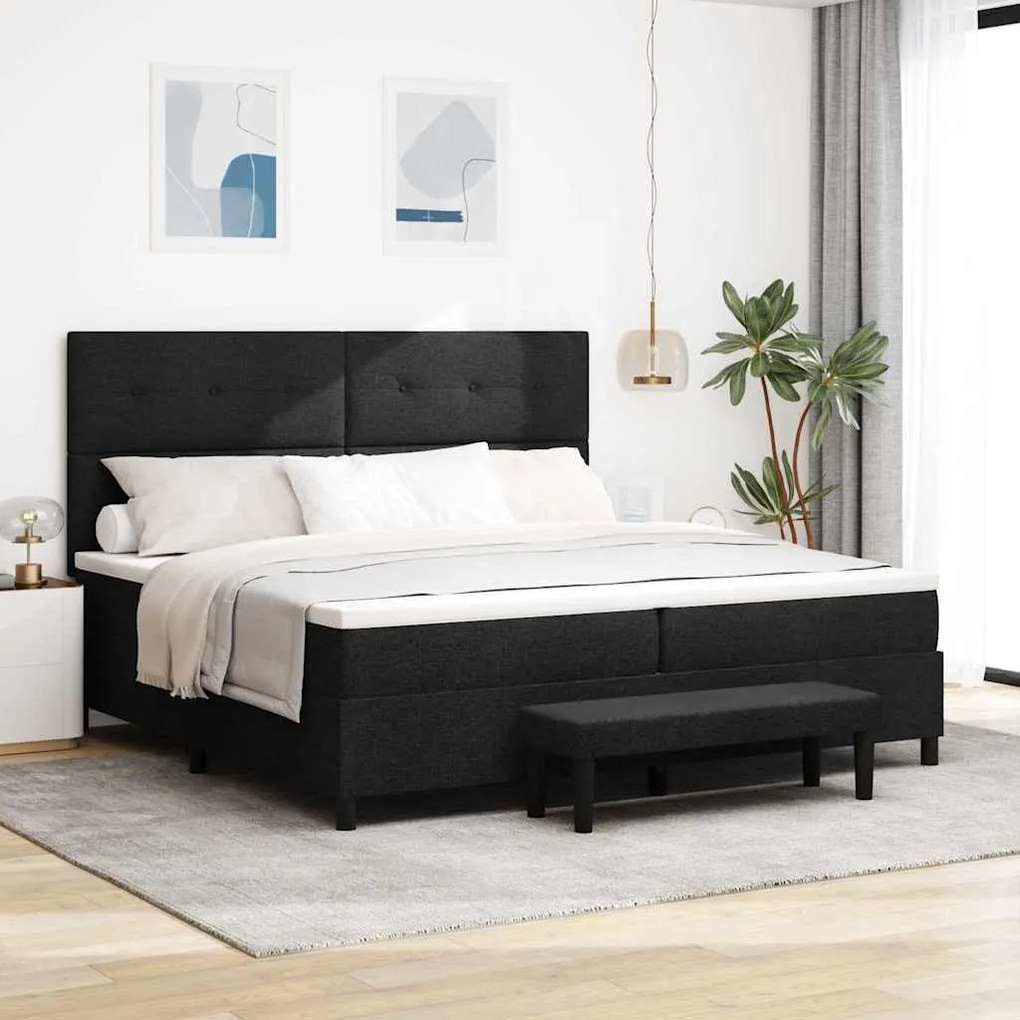 Cama Box com Colchão e Banco Preto 200x200 cm Tecido