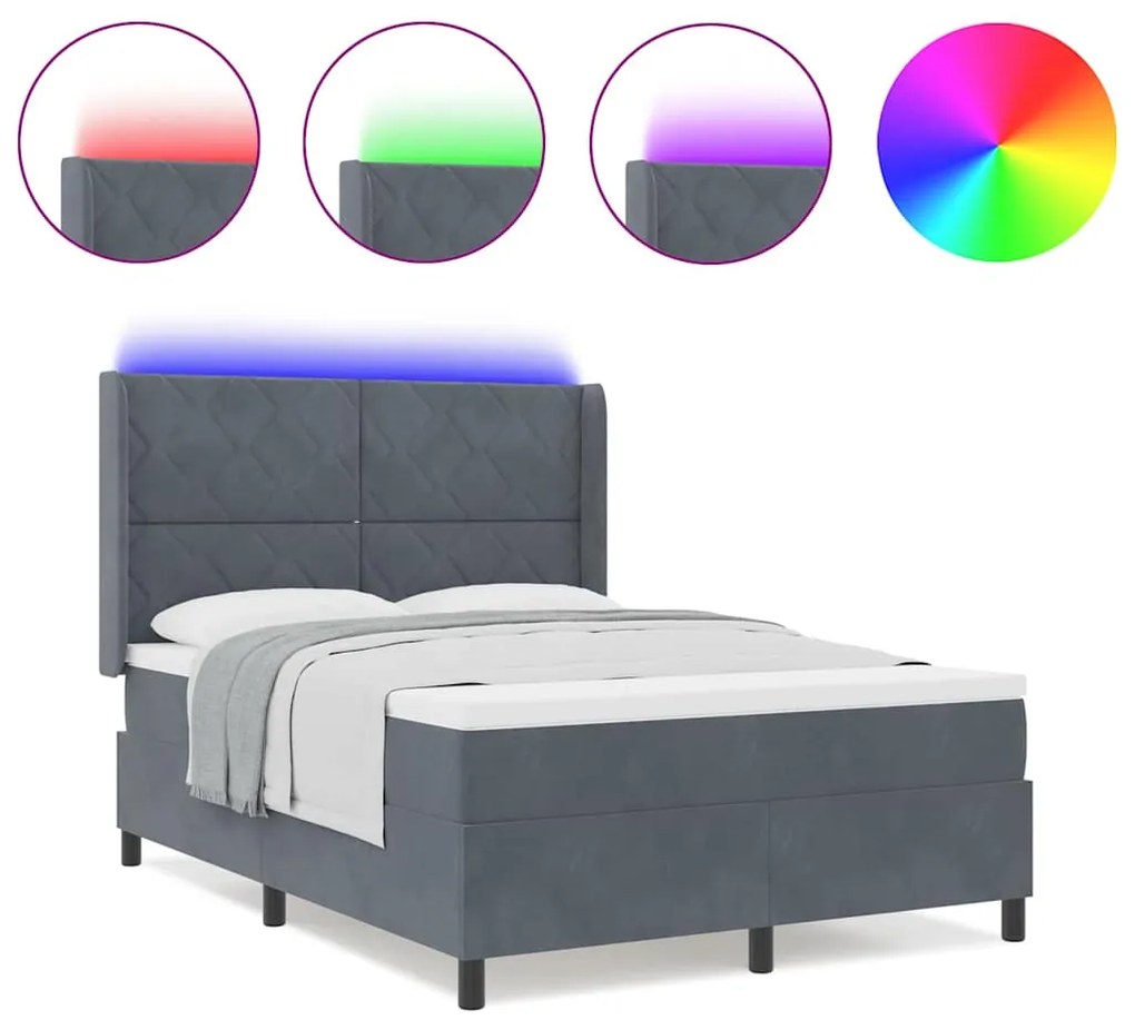 Cama Box com Colchão e LED vidaXL Cinza Escuro 140x200 cm Veludo