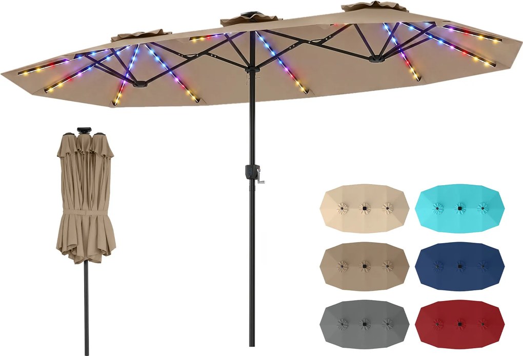 Guarda-sol duplo resistente, 400 x 210 cm (BASE NÃO INLCUIDA), com 108 luzes LED solares, manivela fácil de utilizar e 12 varas de metal, para jardim,