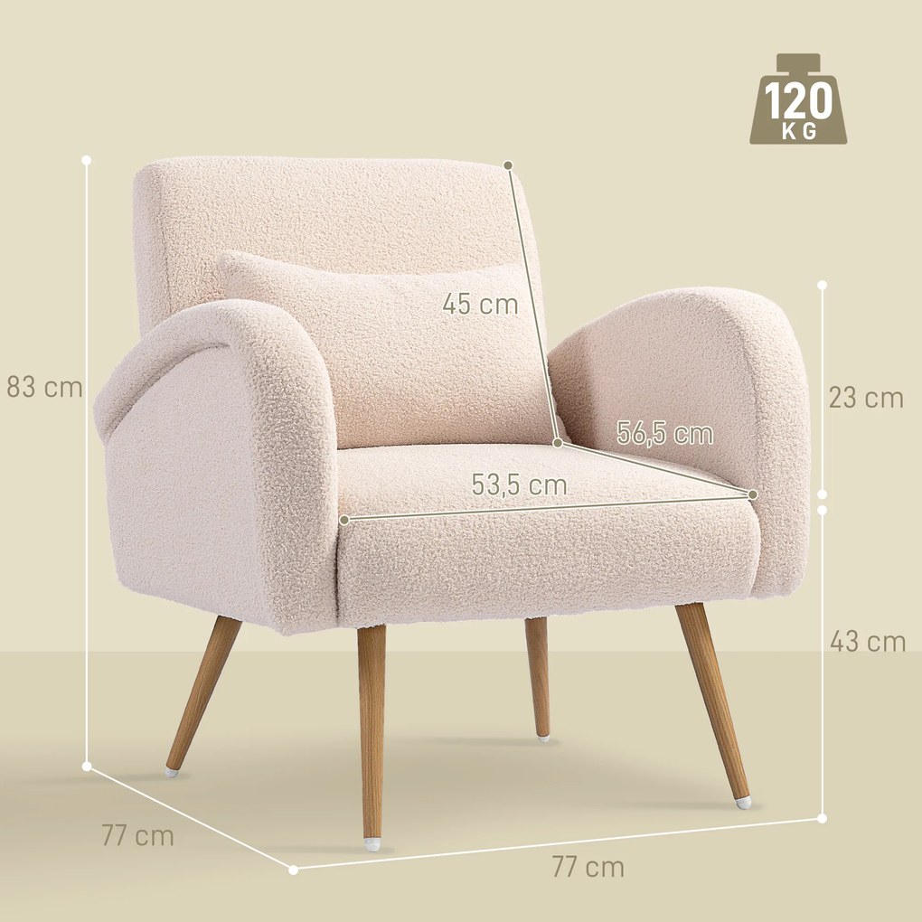 Poltrona de sala em tecido Teddy, cadeira estofada, assento largo, almofada lombar, pés em metal com efeito de madeira, bege