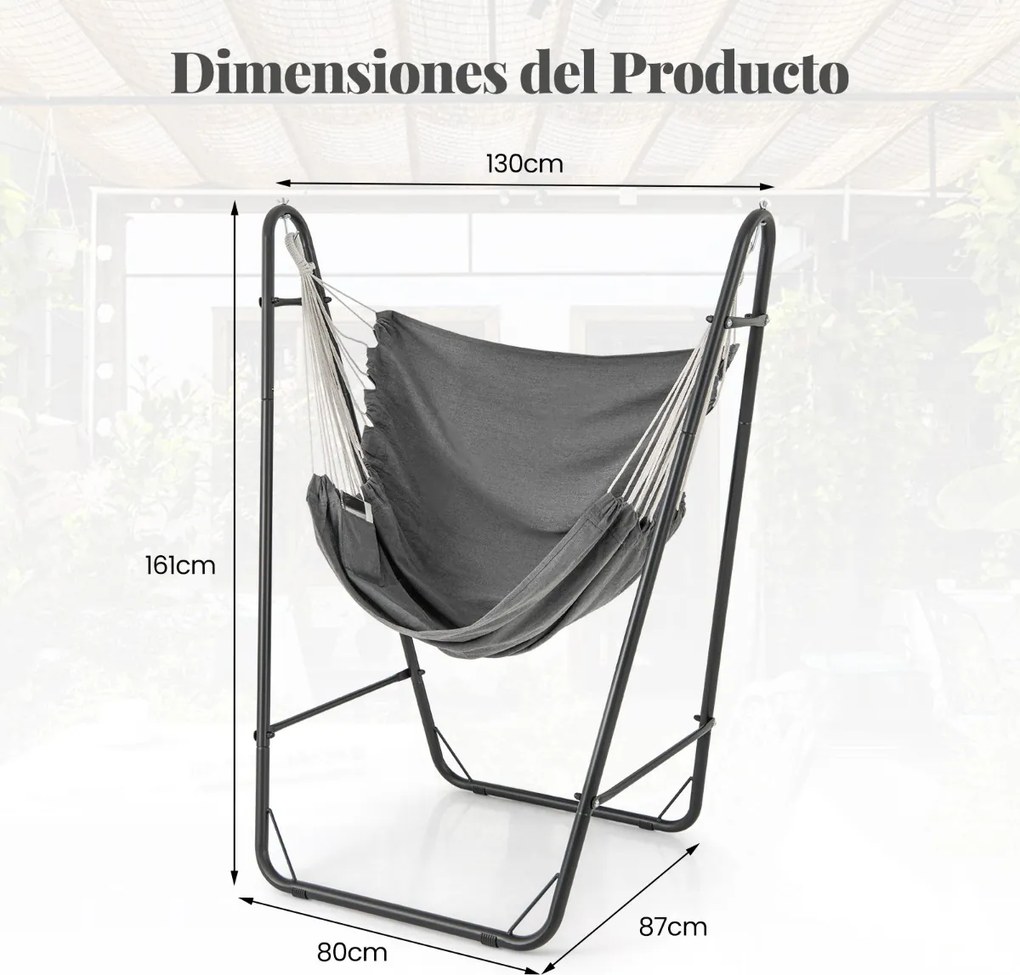 Cadeira de baloiço suspensa com suporte metálico, bolso lateral, capacidade de carga de 120 kg, para interior e exterior, sala, quarto, pátio, cinzent