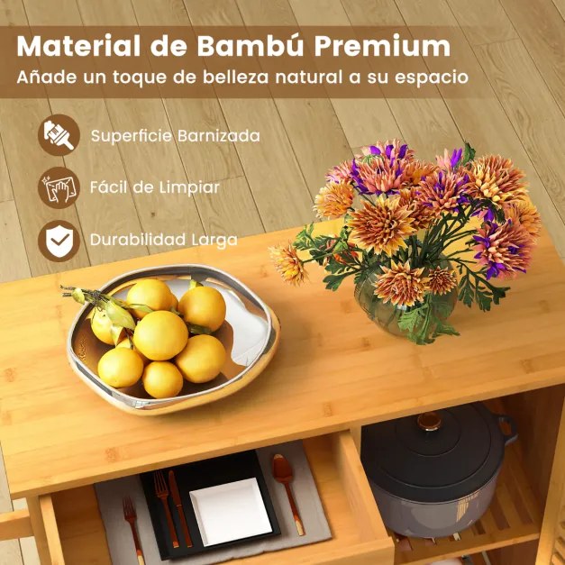 Carrito con Ruedas Carro Aparador de Bambú con Superficie Amplia Cajón 3 Estantes para Cocina y Salón 91 x 44 x 89 cm Natural