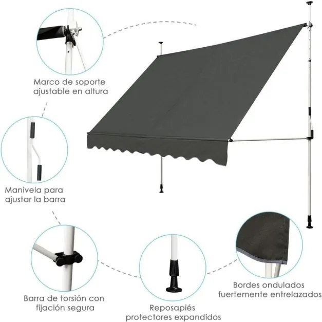 Toldo Exterior 200 x 125 cm Manual Terraço, Varanda Altura Ajustável 2-3 m com Manivela e Resistente às Intempéries Cinzento