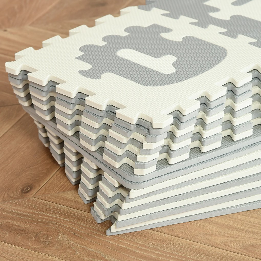 HOMCOM Tapete Puzzle para Bebés 36 Peças 31,5x31,5cm com 26 Letras (A-Z) e Números 0 ao 9 Quebra Cabeça Infantil de 3,24m² Espuma EVA Suave Cinza e Branco