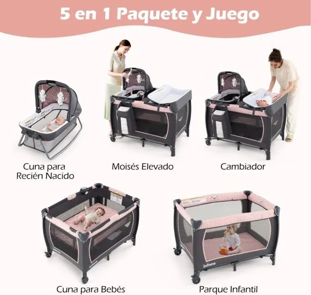 Berço com Centro de atividades 5 em 1 para bebés, parque e mesa para trocar fraldas. Inclui brinquedos suspensos, caixa de música, rodas e cesto. Pret