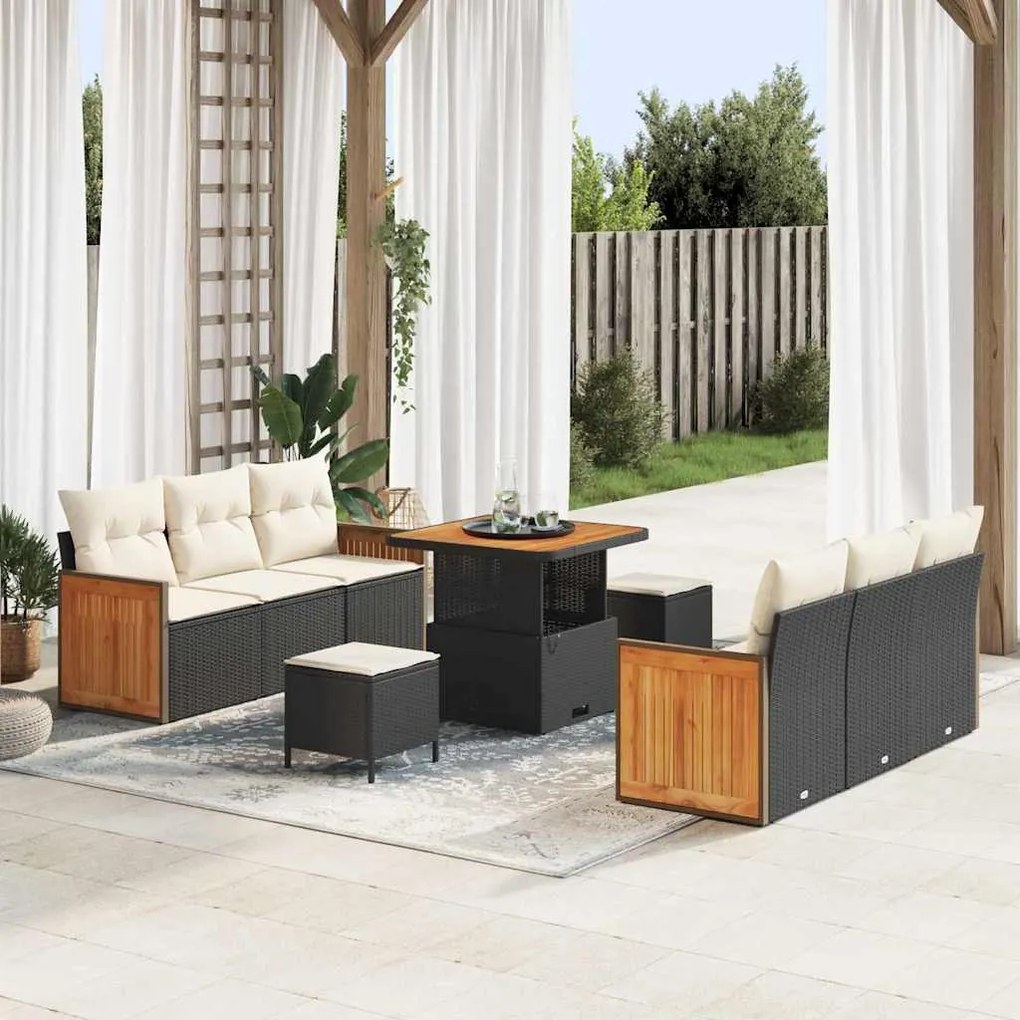 Conjunto de Sofá de Jardim vidaXL 9 Peças com Almofadas Rattan Preto A