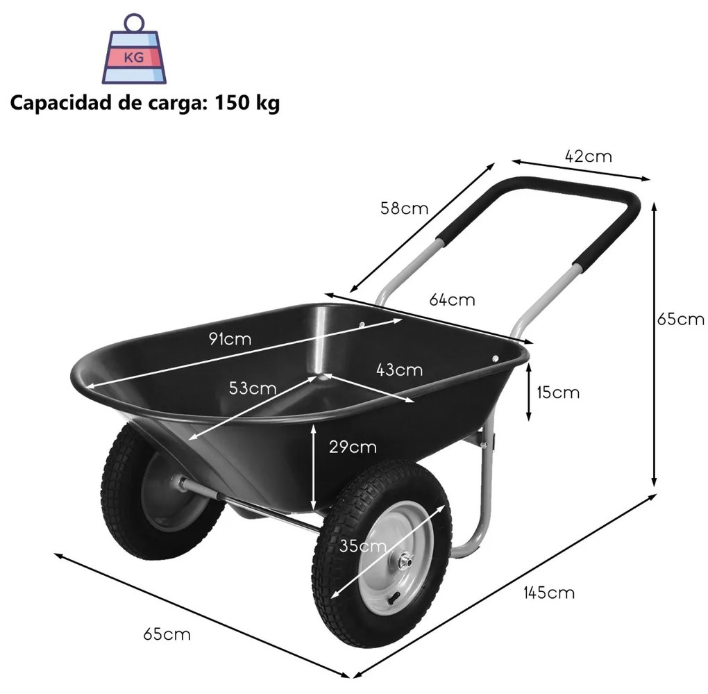 Carrinho de 2 rodas de jardim Carrinho de aço robusto com rodas pneumáticas 35 cm Alta capacidade de carga 145 x 65 x 65 cm Preto