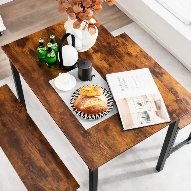 Conjunto de mesa de jantar de 3 peças com estrutura de metal e 2 bancos para 2-4 pessoas móveis de mesa para cozinha Castanho + Preto