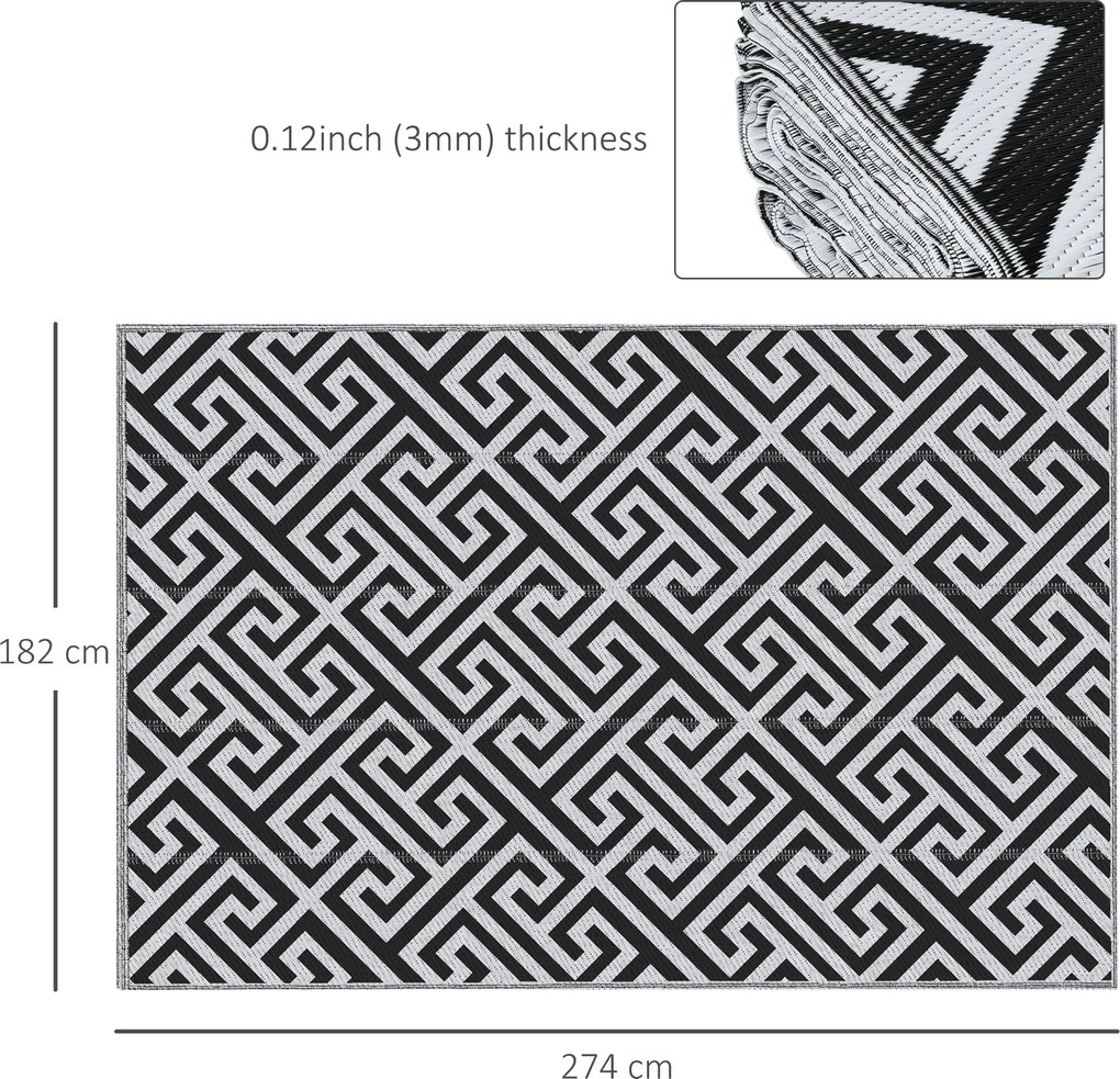 Tapete de Exterior 182x274 cm Tapete Reversível com Desenho Geométrico Impermeável para Varanda Campismo Praia Branco e Preto