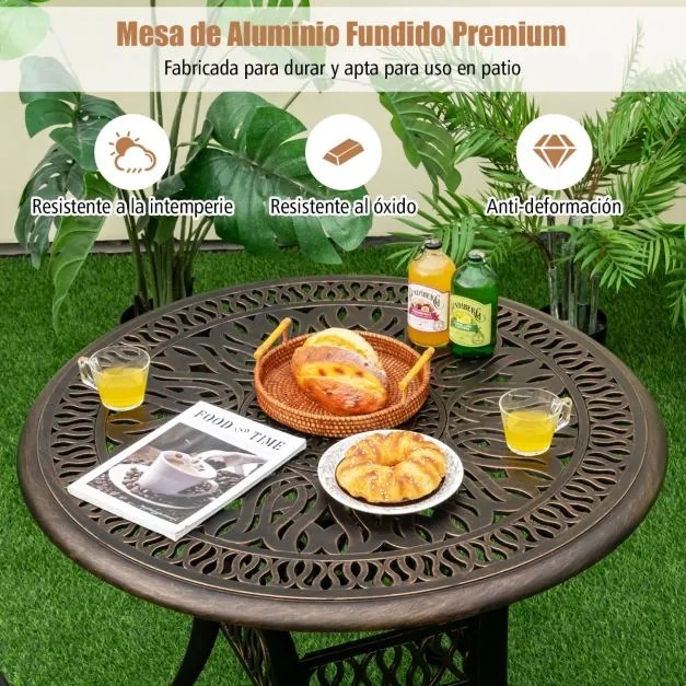 Mesa de jardim em alumínio com orifício para guarda-sol de 5 cm 90 x 74 cm Castanho antigo