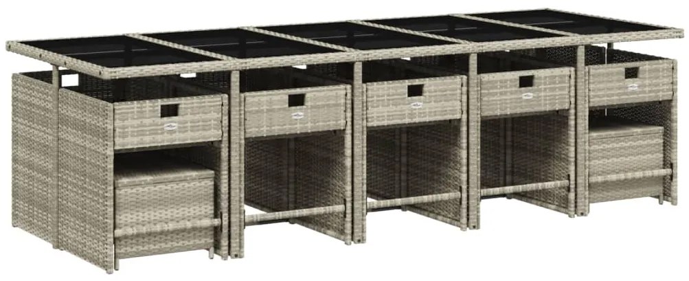 15 pcs conj. jantar jardim c/ almofadões vime PE cinzento-claro