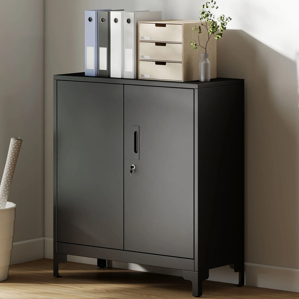 Armário de escritório de 2 níveis 80 x 35 x 91 cm, móvel de arrumação metálico para escritório com 2 portas com fechadura, preto