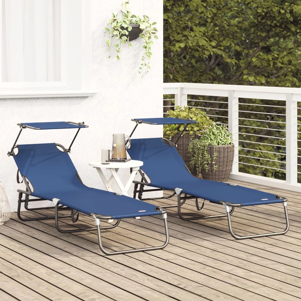 Espreguiçadeiras Dobráveis 2 pcs com Toldo Azul 600D Fabric Oxford