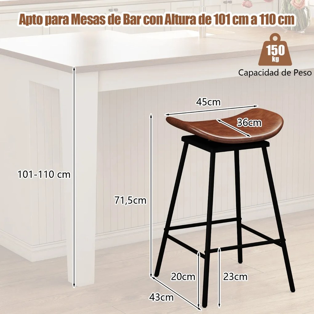 Conjunto de 2 bancos de bar  43 x 45 x 71,5 cm com assento acolchoado e curvado, apoio para os pés e sem encosto para cozinha ou sala de jantar, casta