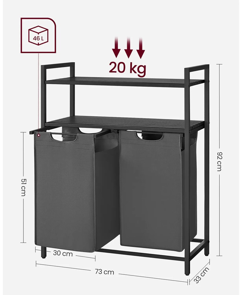 Cesto para roupa suja 2 x 46 L com 2 prateleiras preto-cinzento
