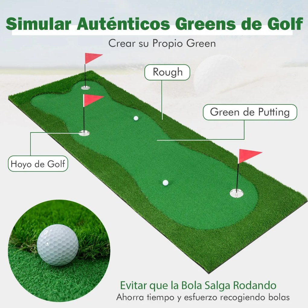 Tapete de treino de golfe profissional com relva artificial realista, 3 buracos, 3 bandeiras e taças de prática de putting 3 x 1 m Verde