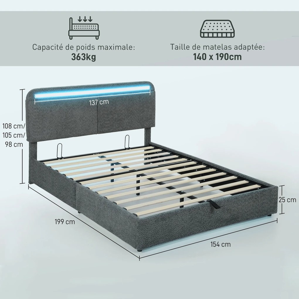 Cama com arrumação 140 x 190 cm com iluminação LED (COLCHÃO NÃO INCLUIDO), cabeceira ajustável, estrutura de cama de casal, base de ripas de madeira,