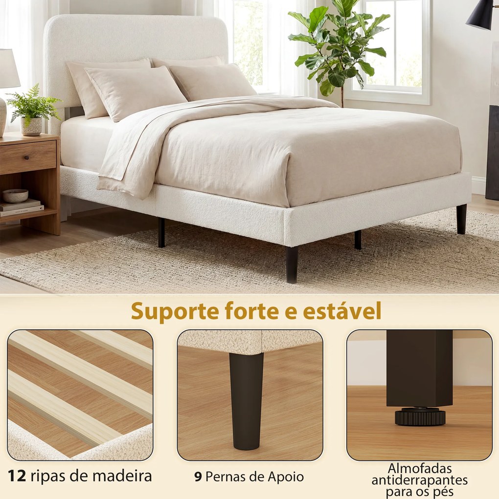 Estrutura de Cama 146x194x112-117 cm (LxPxA) (COLCHÃO NÃO INCLUIDO) Dupla com Cabeceira Ajustável em Altura Estofada em Tecido Macio com Ripas de Made