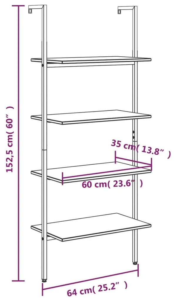 Unidade 4 prateleiras 64x35x152,5 cm castanho-claro e preto