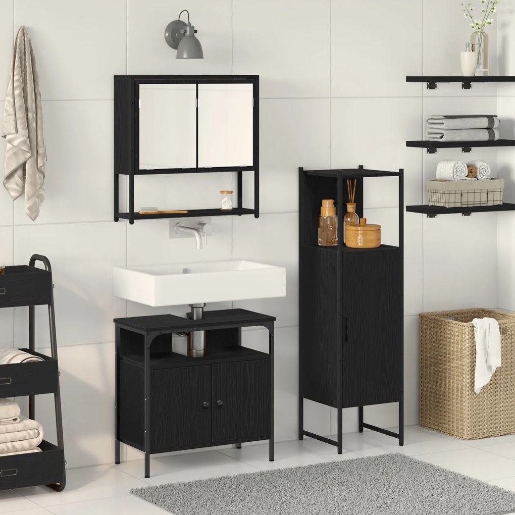 Conjunto de Móveis de Casa de Banho 3 Peças Carvalho Preto Madeira Eng