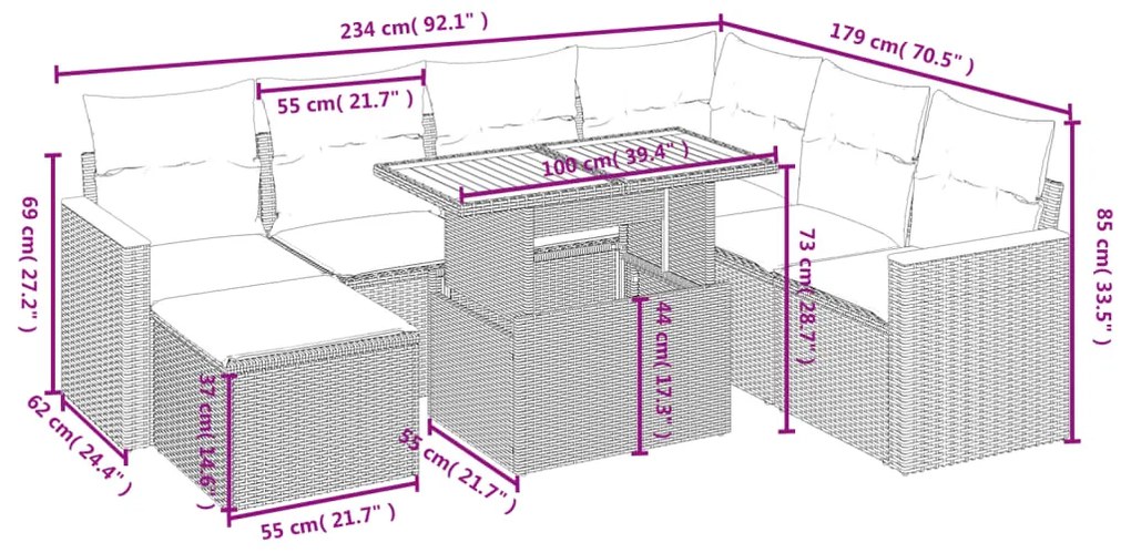 8 pcs conjunto sofás de jardim c/ almofadões vime PE cinzento