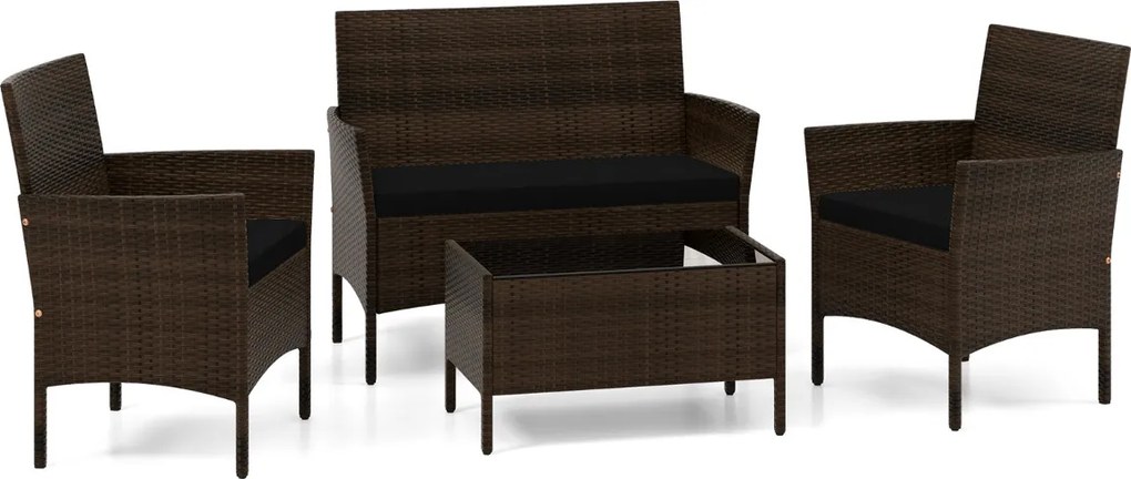 Conjunto de jardim, 4 peças: mobiliário de exterior com cadeira, sofá de 2 lugares e mesa de vidro temperado Castanho misto e almofadas pretas