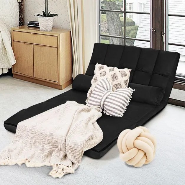 Sofá de chão ajustável Sofá-cama dobrável em 6 posições Revestimento removível em camurça com 2 almofadas Preto