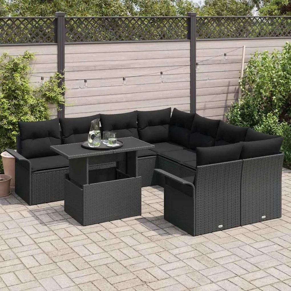 Conjunto de Sofá de Jardim vidaXL com Almofadas Preto Rattan Poliéster