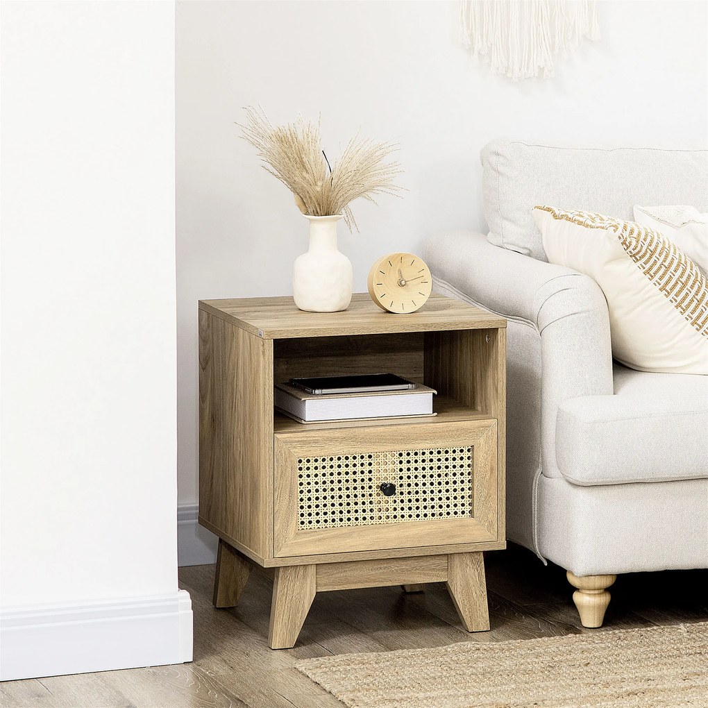 Mesa de cabeceira com gaveta, porta em vime e nicho vintage 45 x 39 x 56,5 cm