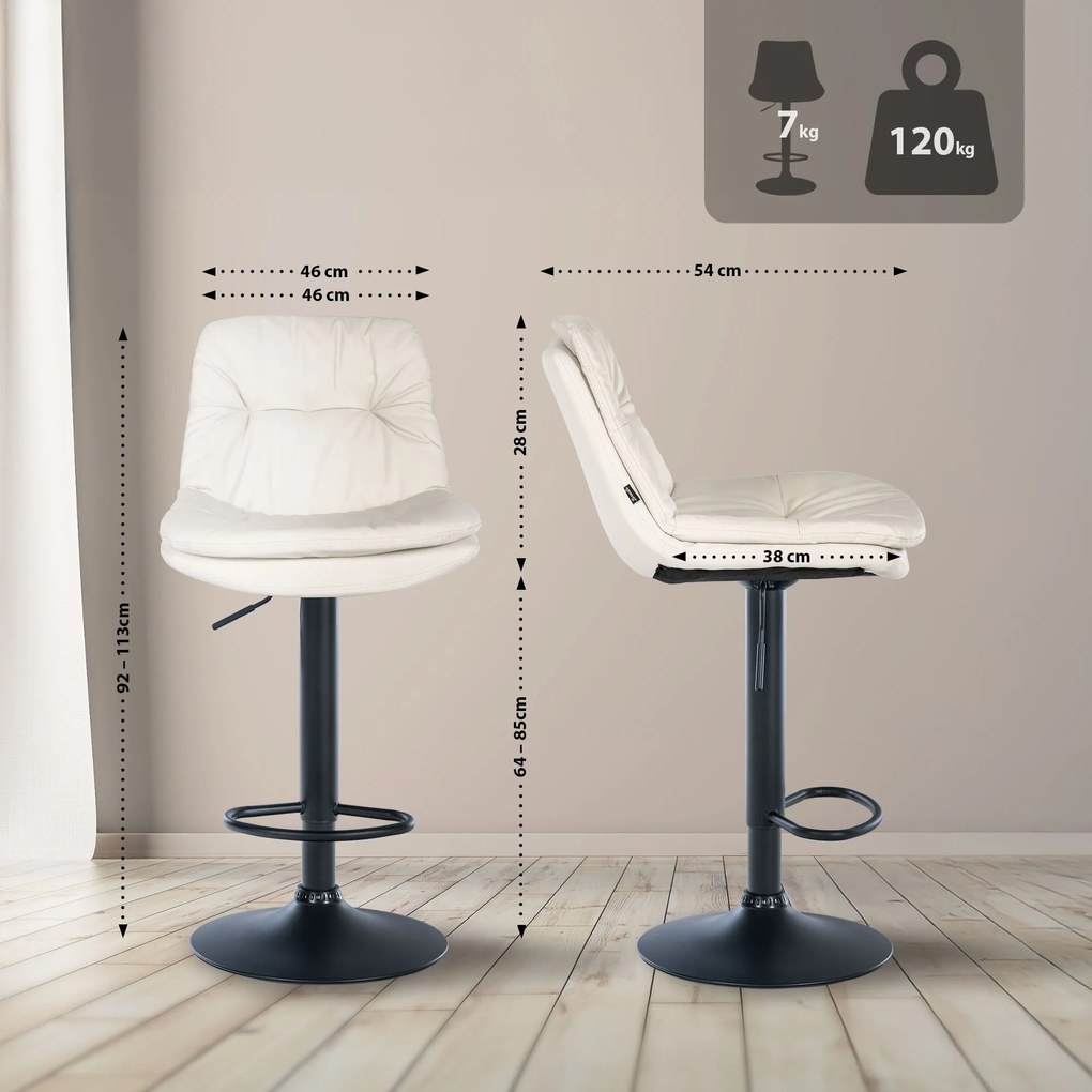 Banco de bar em couro sintético com estrutura preta 92-113 x 46 x 54 cm branco