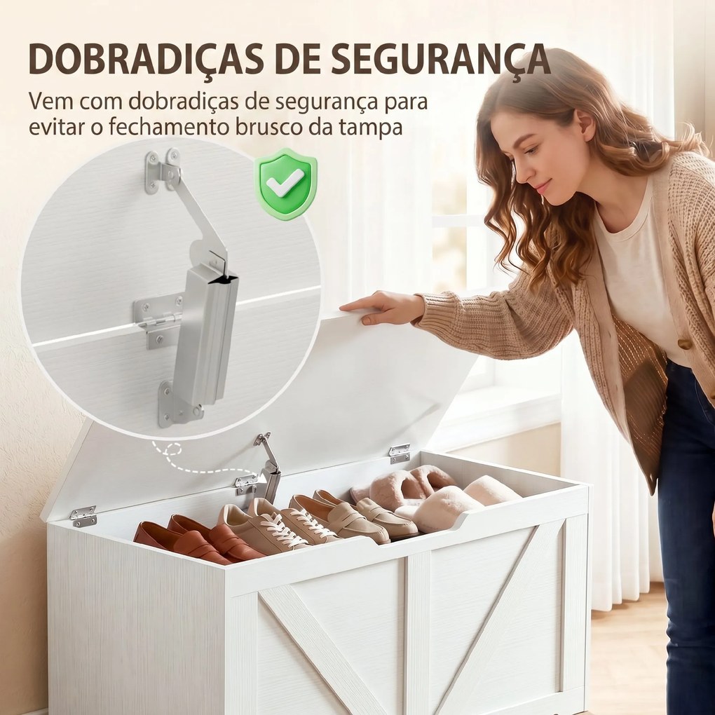 Baú de Arrumação 100L com Dobradiça de Segurança e Puxador em U para Hall de Entrada ou Sala 80x40x45 cm Branco