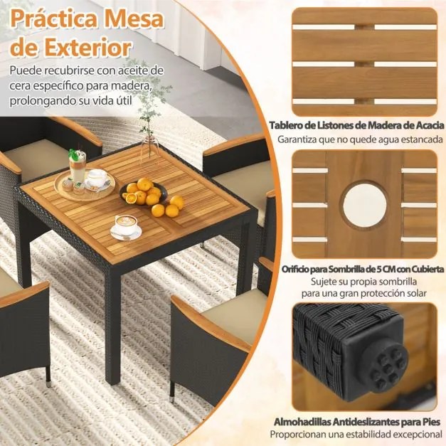 Conjunto de jantar de Jardim de 5 peças para 4 pessoas Conjunto de rattan com orifício para guarda-sol, almofadas e superfície em acácia Preto