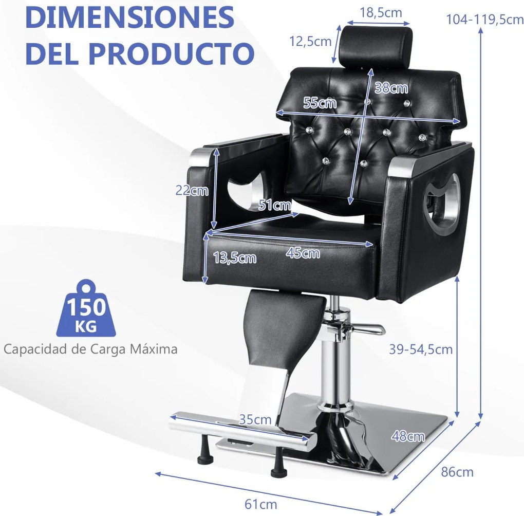 Cadeira de cabeleireiro com encosto e apoio para a cabeça ajustáveis, rotação de 360° para cabeleireiro e maquilhagem, 61 x 86 x 104-119,5 cm, preta